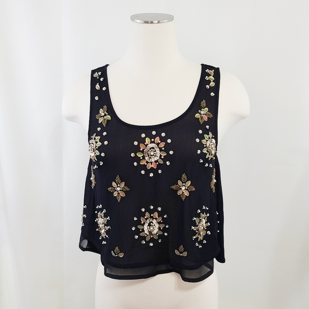 Topshop sheer black beaded sequin crop  top tank size 6